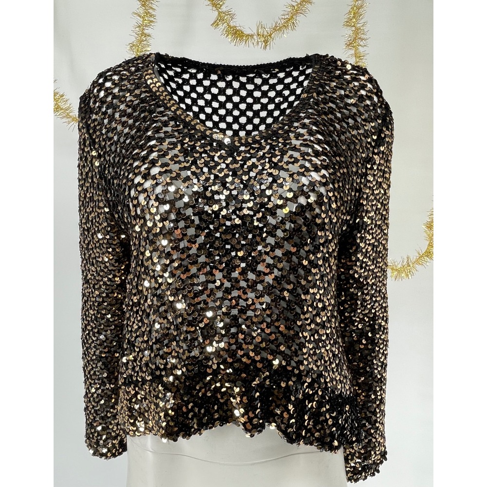 Vintage 80s Partique New York Black Gold Sequin Open Knit V Neck Sweater Size 12